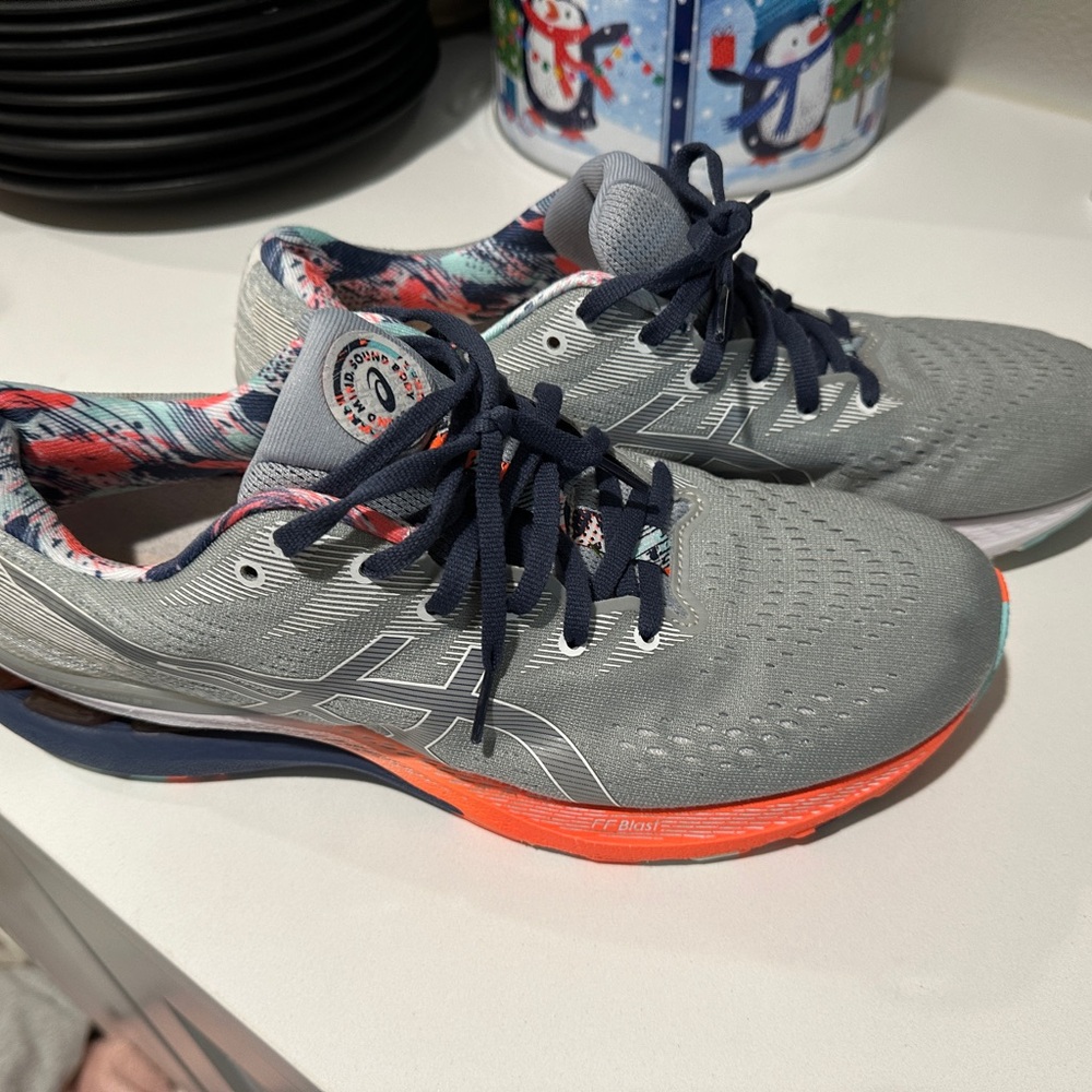 ASICS Gray and Orange Athletic Sneakers. Gel Kayano 28